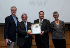 Mauricio Pulido Cazorro, Catalan artisanal fisherman, and Josep Maria Pelegri Aixut, Catalan Fisheries Minister: receive the WWF Award for Conservation Merit from Jim Leape, WWF International Director General, and Yolanda Kakabadse, WWF International President. Photograph courtesy of WWf © WWF-Canon / Richard Stonehouse